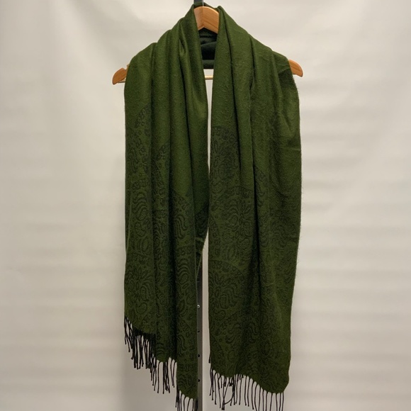 Olive Green & Black Print Scarf with Fringe - Picture 2 of 8